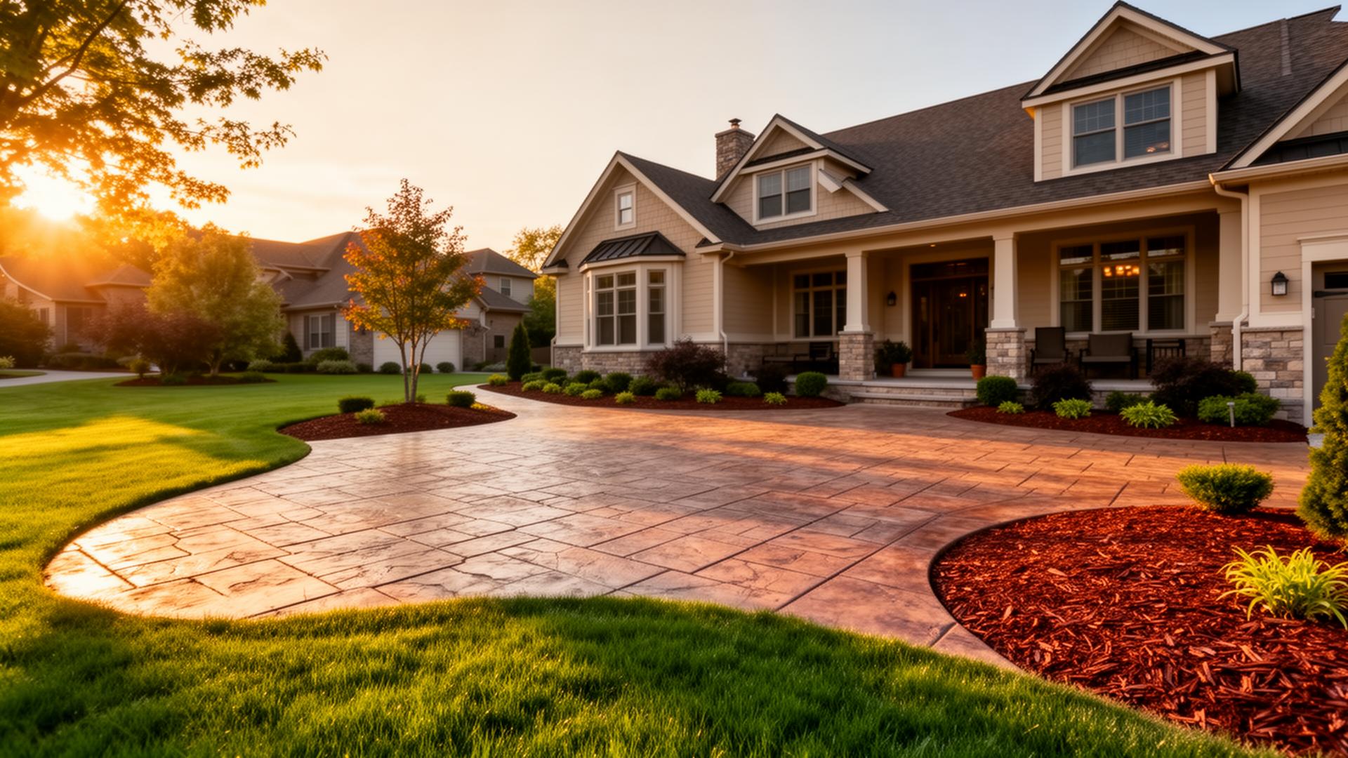 Stamped concrete patio and landscaped yard by Northern Root in Western NY